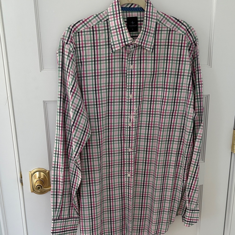 Tailorbyrd Men's Plaid Shirt - Pink, Green, and White. 100% button down